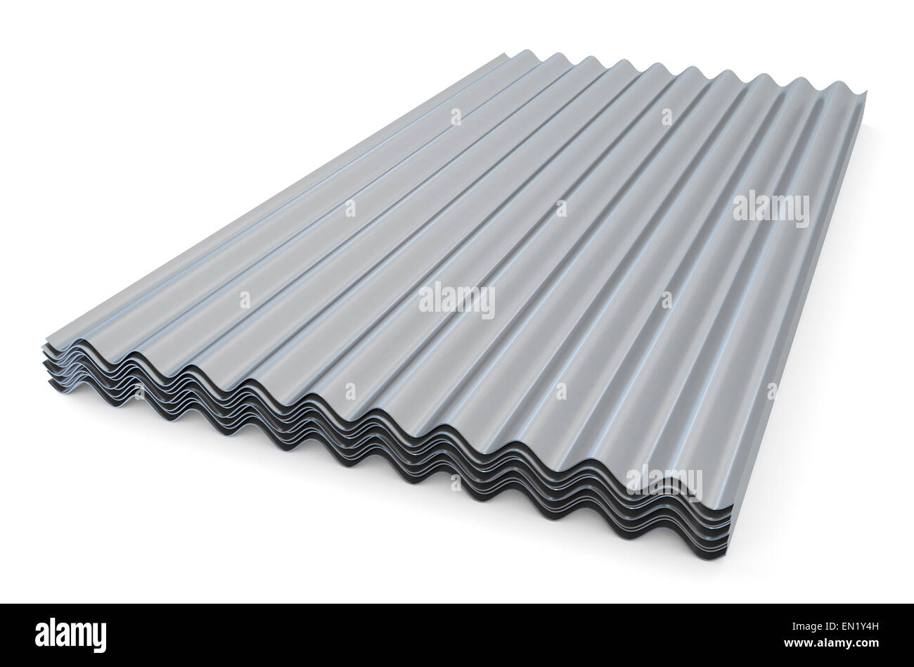 Gewellte metallische Schiefer für Dächer isoliert auf weißem Hintergrund Stockfoto