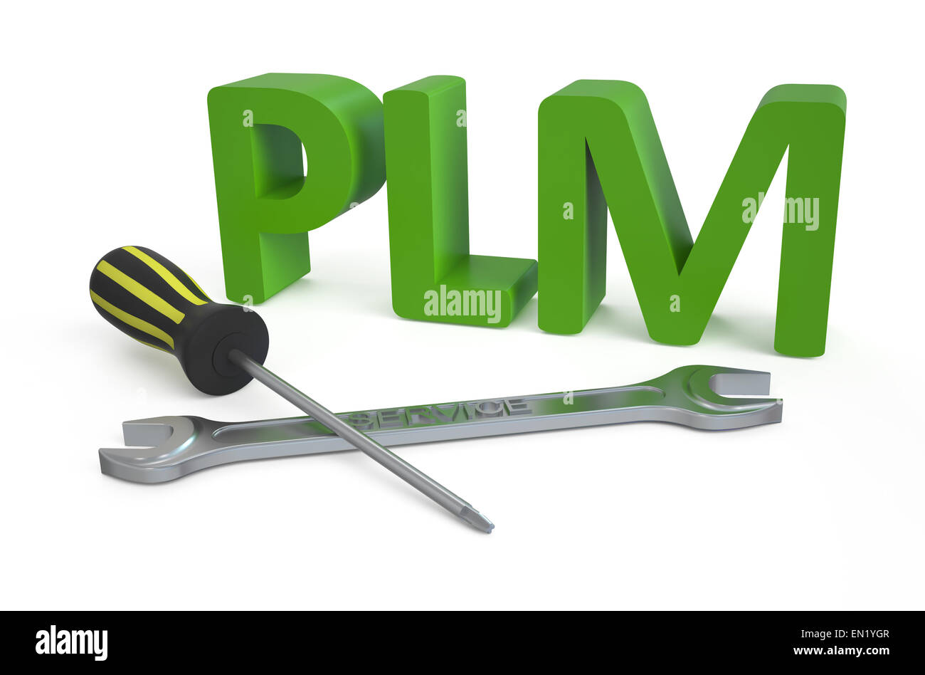 Product Lifecycle Management (PLM) Servicekonzept isoliert auf weiss Stockfoto