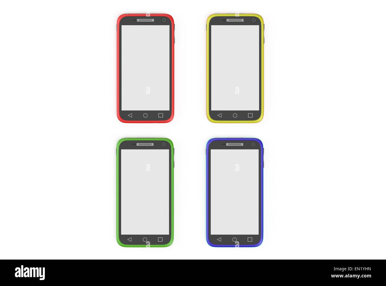 mehrfarbige Smartphones isoliert auf weißem Hintergrund Stockfoto