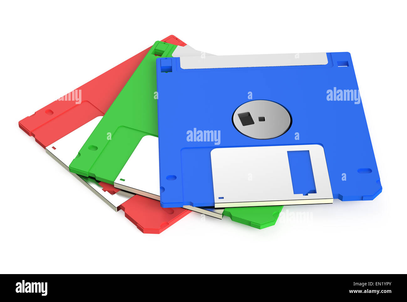 farbige Disketten isoliert auf weißem Hintergrund Stockfoto