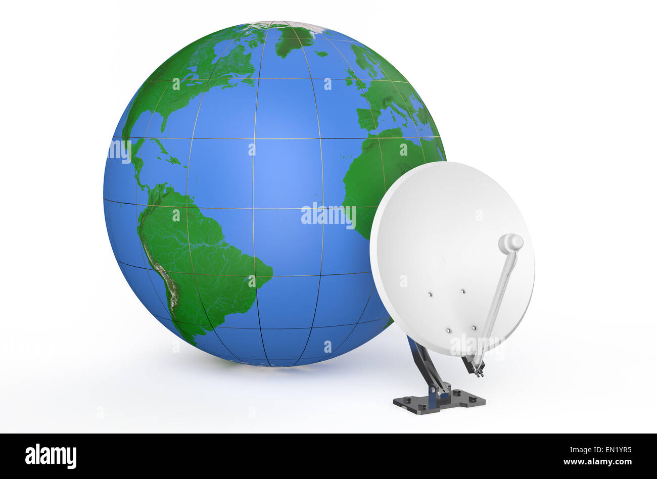 Sat-Antenne und Erde isoliert auf weißem Hintergrund Stockfoto