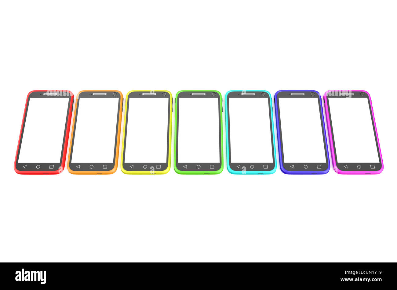 mehrfarbige Smartphones isoliert auf weißem Hintergrund Stockfoto