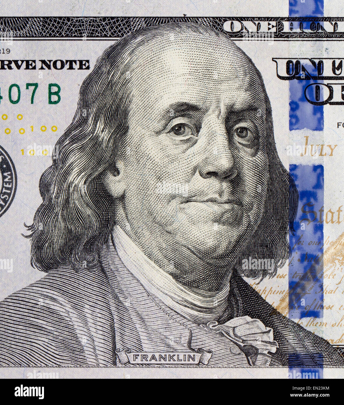 Portrait von Benjamin Franklin auf 100 US-Dollar-banknote Stockfoto