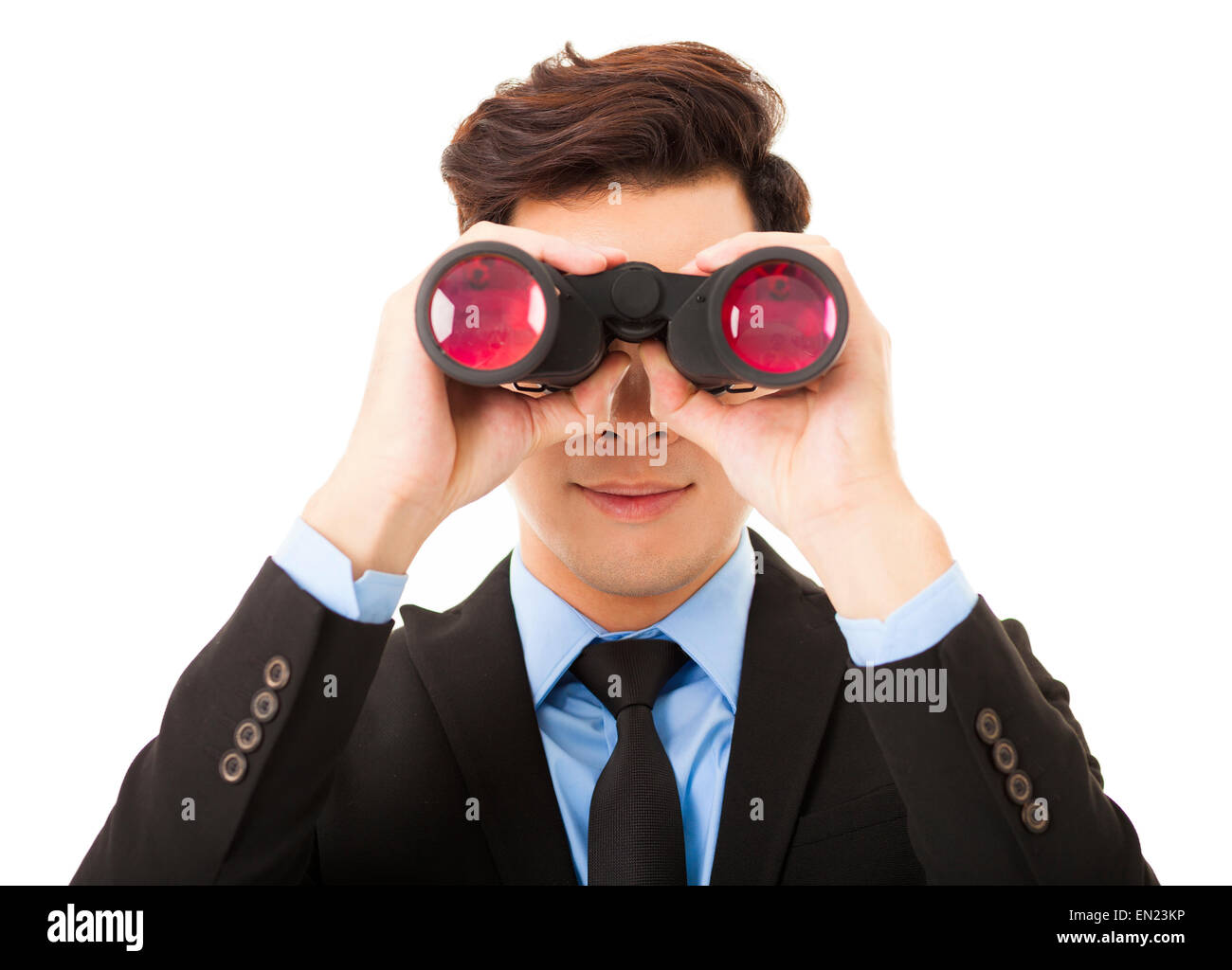 Geschäftsmann, schauen durch ein Fernglas und suchen Stockfoto