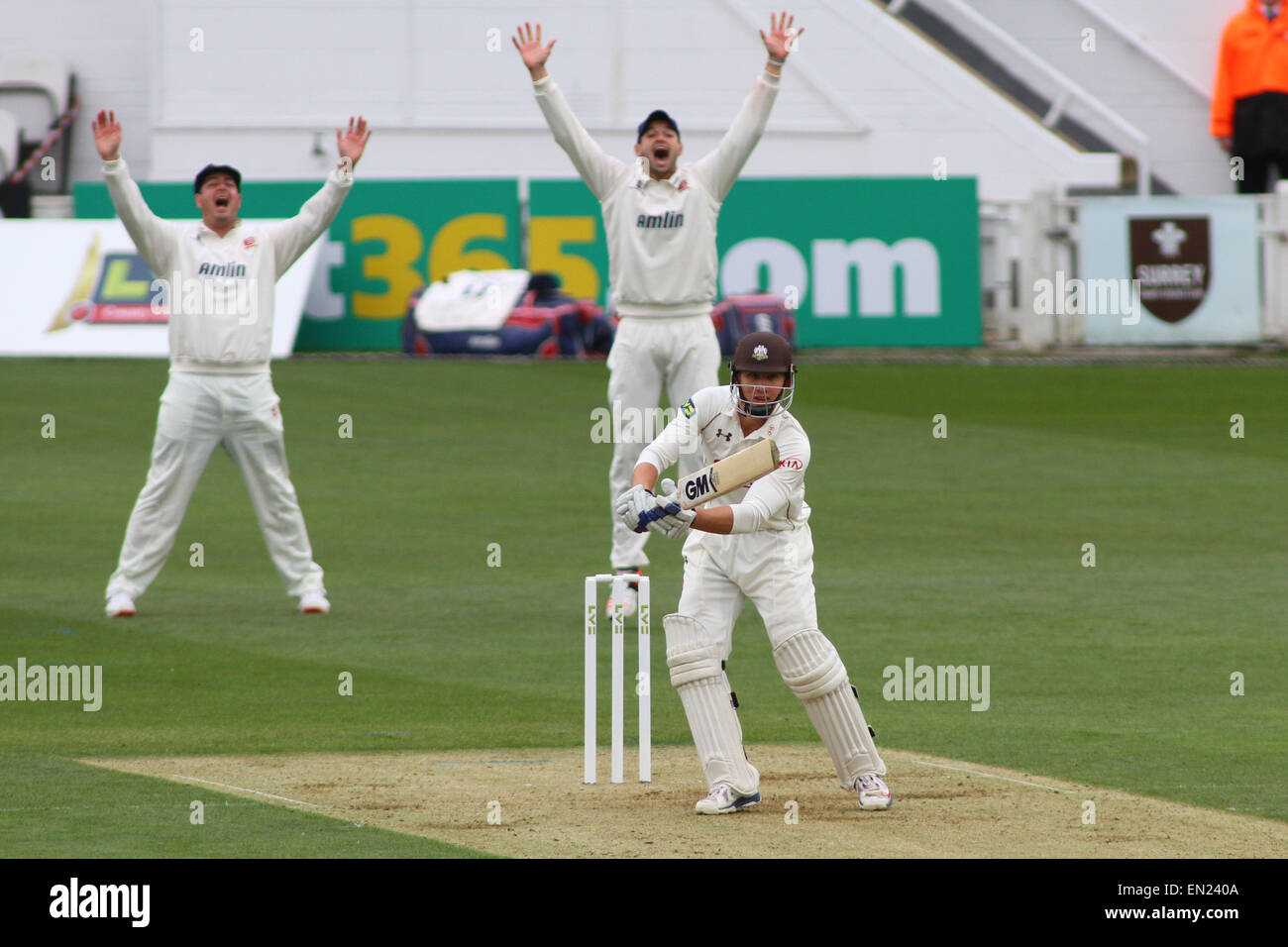 London, UK. 26. April 2015. Nick Browne und Jesse Ryder von Essex Appell für das Wicket Zafar Ansari von Surrey bei Tag eins der Division zwei LV County Championship match zwischen Surrey und Essex auf dem Kia Oval Cricket Ground, am 26. April 2015 in London, England. Bildnachweis: Mitchell Gunn/ESPA/Alamy Live-Nachrichten Stockfoto