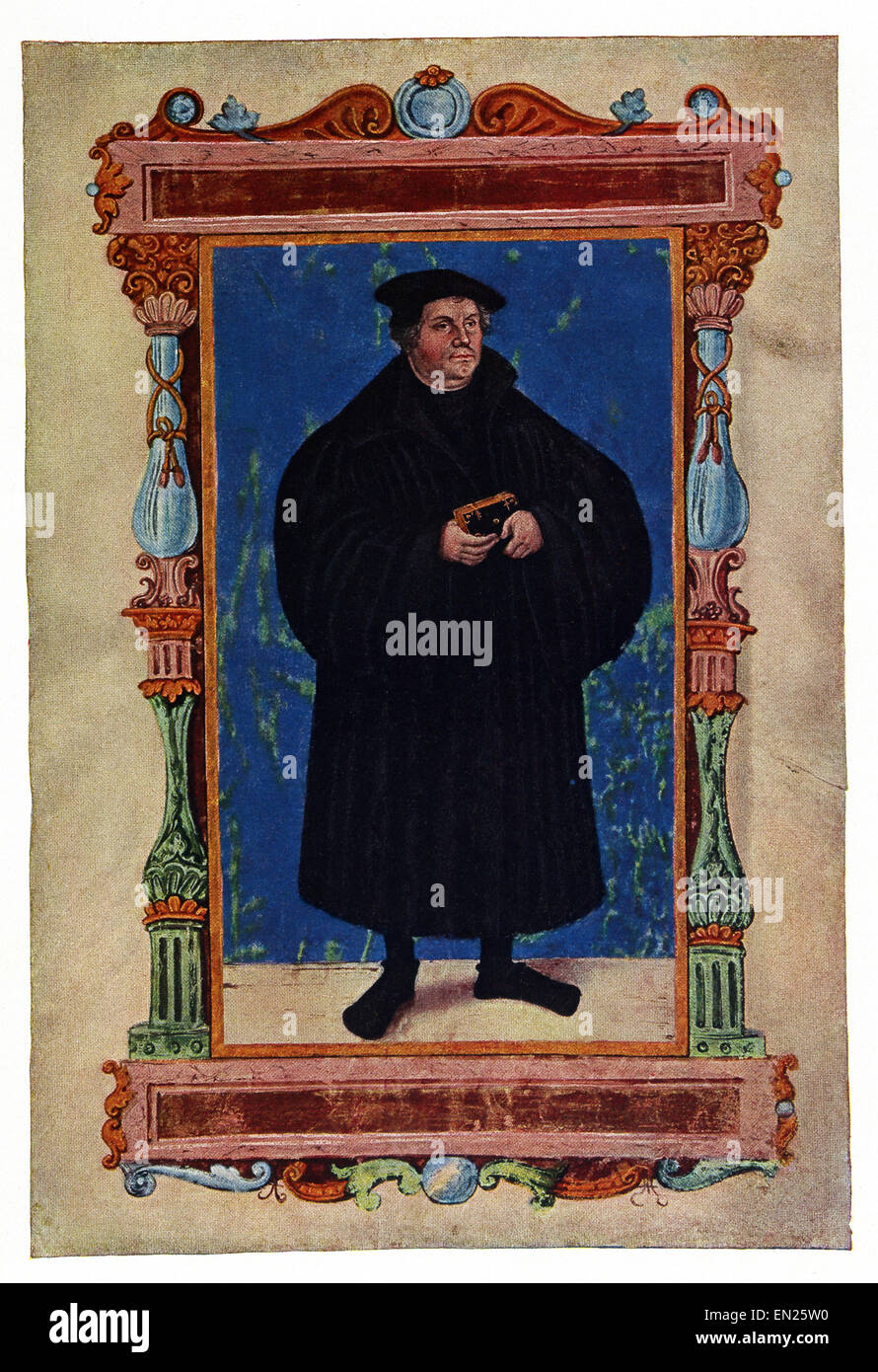 Dieses Öl-Porträt von Martin Luther (1483-1546), der deutschen Führer der protestantischen Reformation, gemalt wurde vom deutschen Künstler Lucas Cranach die ältere (1472-1553). Stockfoto