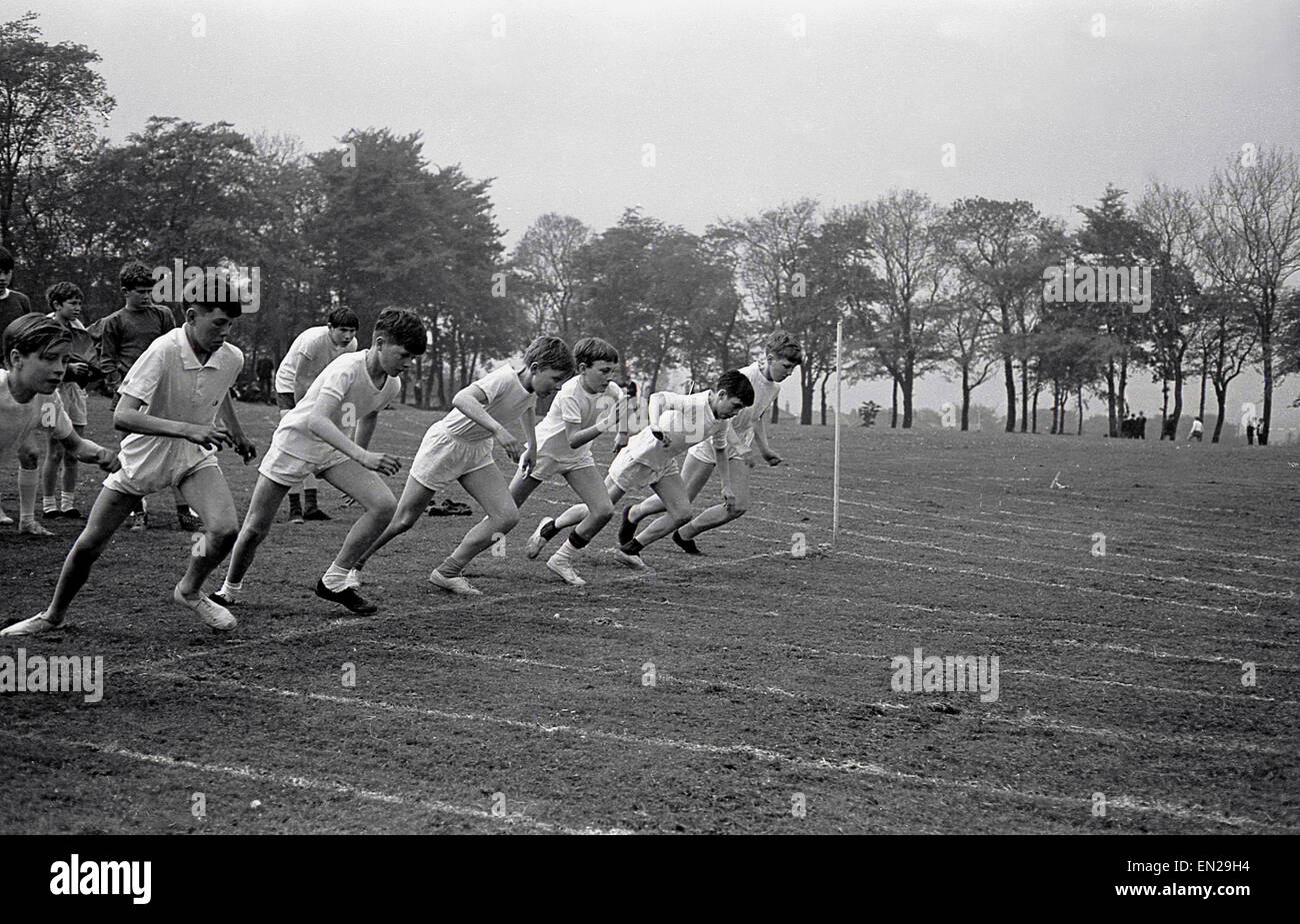 1960er Jahren Geschichtsbild vom Schulsporttag einer Gruppe von kleinen Kindern oder Schülern kurz vor dem start die 100 Meter, ein kurzer Sprint-Rennen. Stockfoto