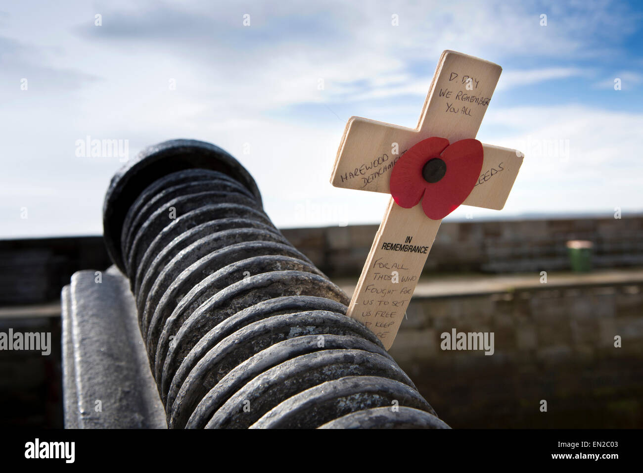 Großbritannien, England, Yorkshire, Scarborough, Vincents Pier, Harewood Ablösung D-Day Gedenken Kreuz und Mohn auf Vickers Gun Stockfoto