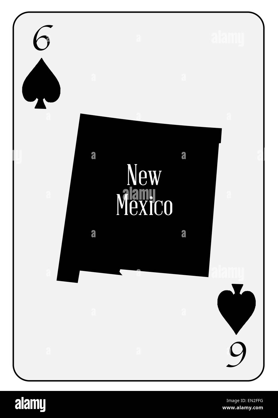 Der Umriß des Staates New Mexico und verwendet als die 6 Pik Motiv in eine Spielkarte Stockfoto