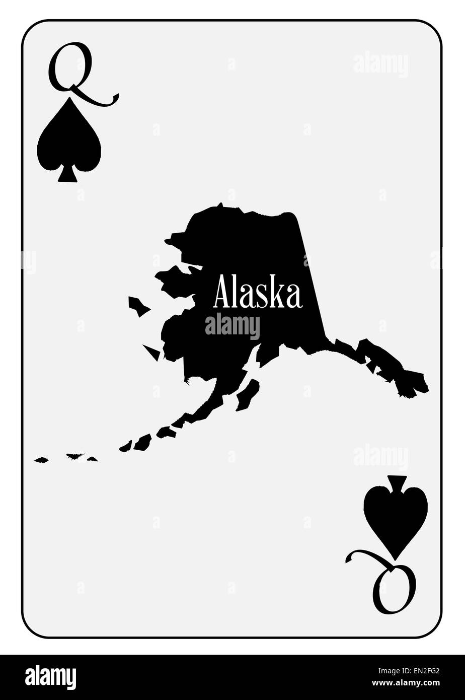 Der Umriß der Bundesstaat Alaska, als die Königin der Spaten-Motiv in eine Spielkarte Stockfoto