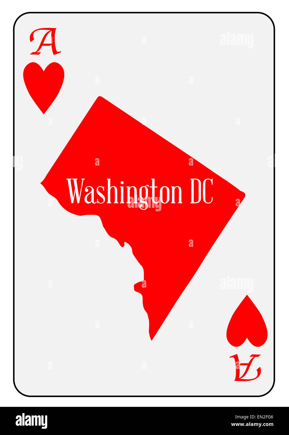 Der Umriß von Washington DC und verwendet als das Ace of Hearts-Motiv in eine Spielkarte Stockfoto