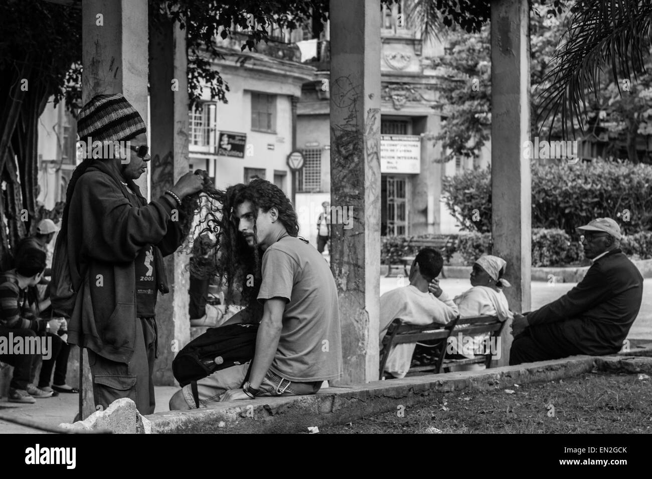 Rastafaris sammeln in einem Park in Alt-Havanna, Kuba, und arbeiten auf ihre Dreadlocks. Stockfoto