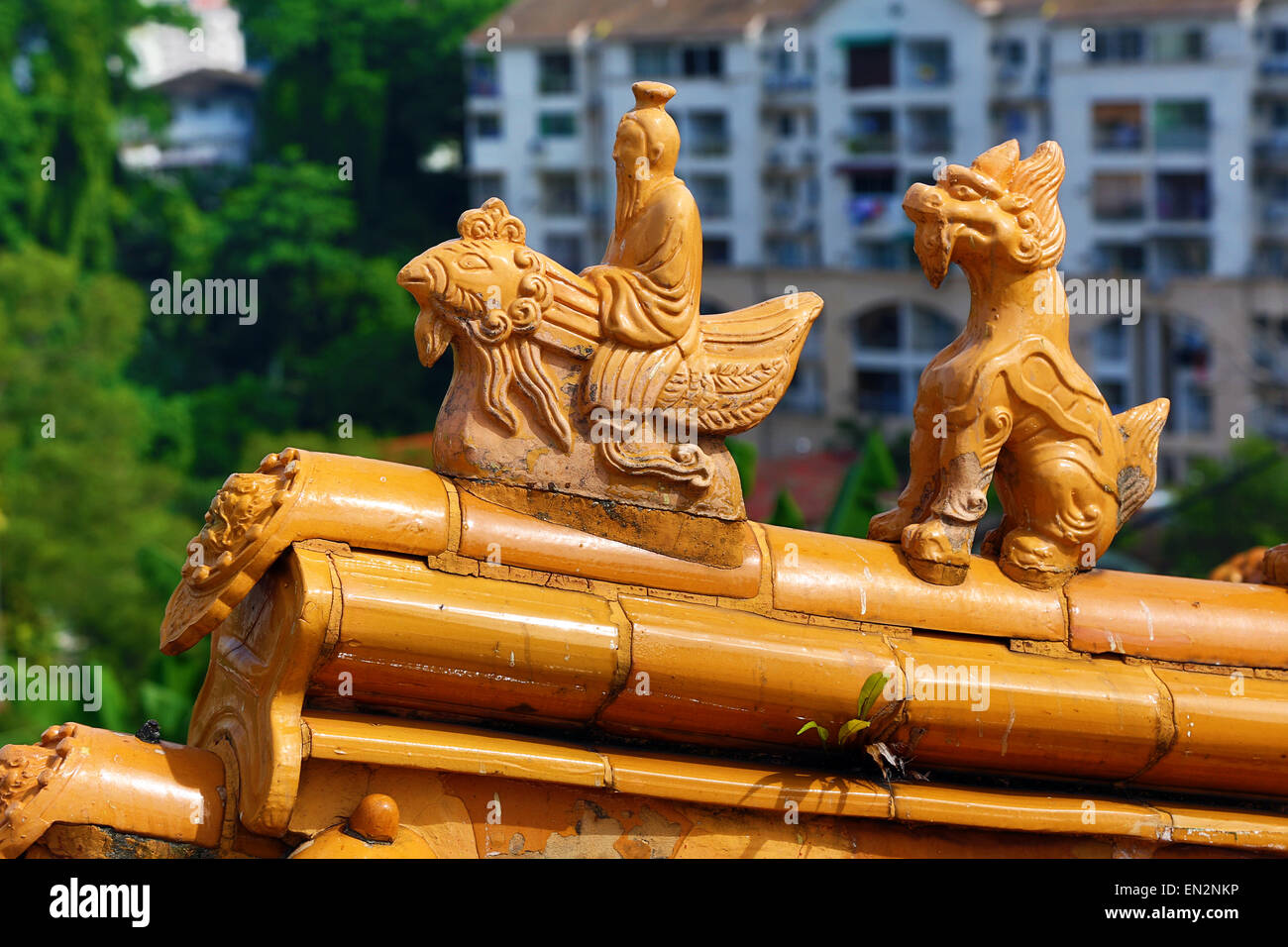 Dach-Dekorationen auf den Thean Hou chinesischen Tempel, Kuala Lumpur, Malaysia Stockfoto