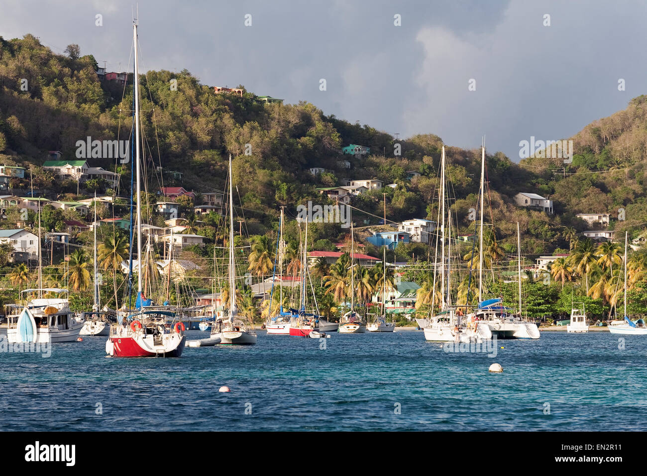 Festgemachten Segelbooten, Bequia, St. Vincent und die Grenadinen Stockfoto