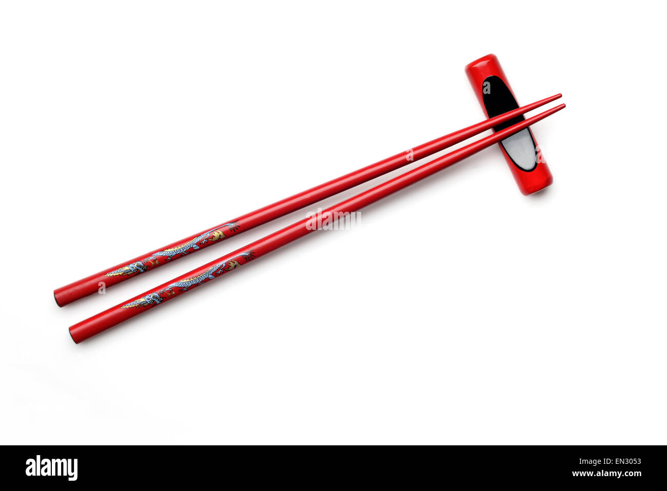 Hochauflösendes Bild der roten hölzerne Stäbchen mit Ess-Stäbchen rest Stockfoto