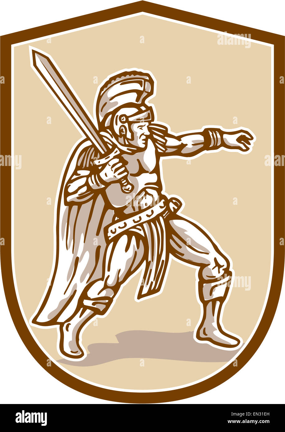 Illustration der Zenturio römischer Soldat Gladiator hält Schwert schwingende gesehen von der Seite im Inneren Schild Wappen im Cartoon-Stil auf isolierte Hintergrund getan. Stockfoto