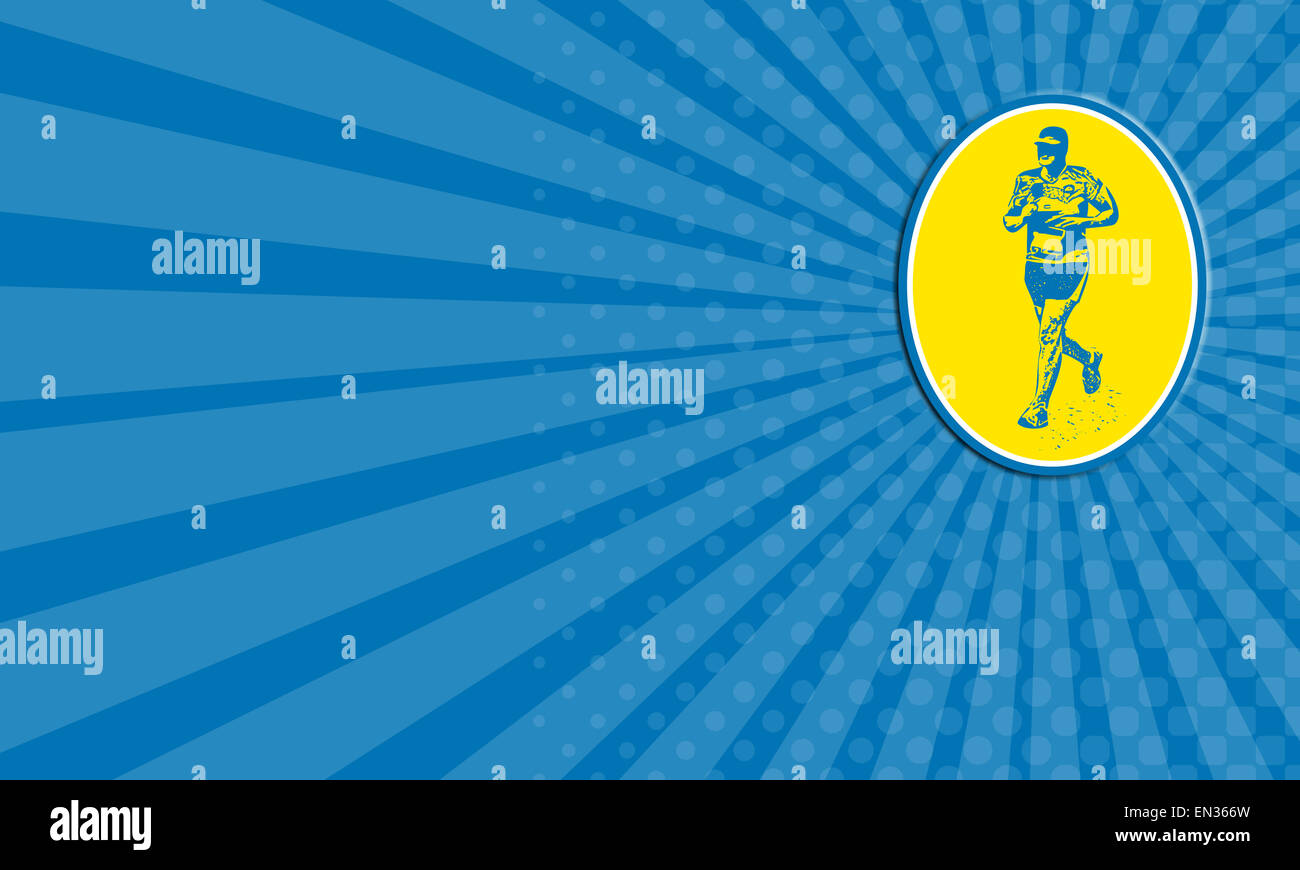 Visitenkarte zeigt Abbildung eines Marathon Läufer laufen im Oval auf isolierte Hintergrund getan im retro-Stil. Stockfoto