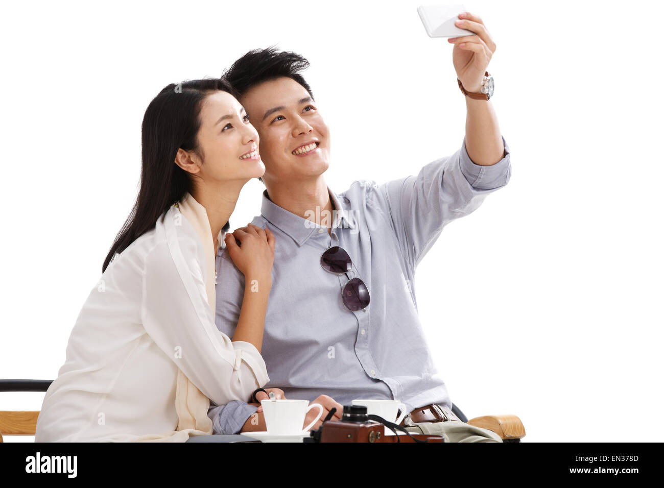 Junge Paare sind Handy-Kamera verwenden. Stockfoto