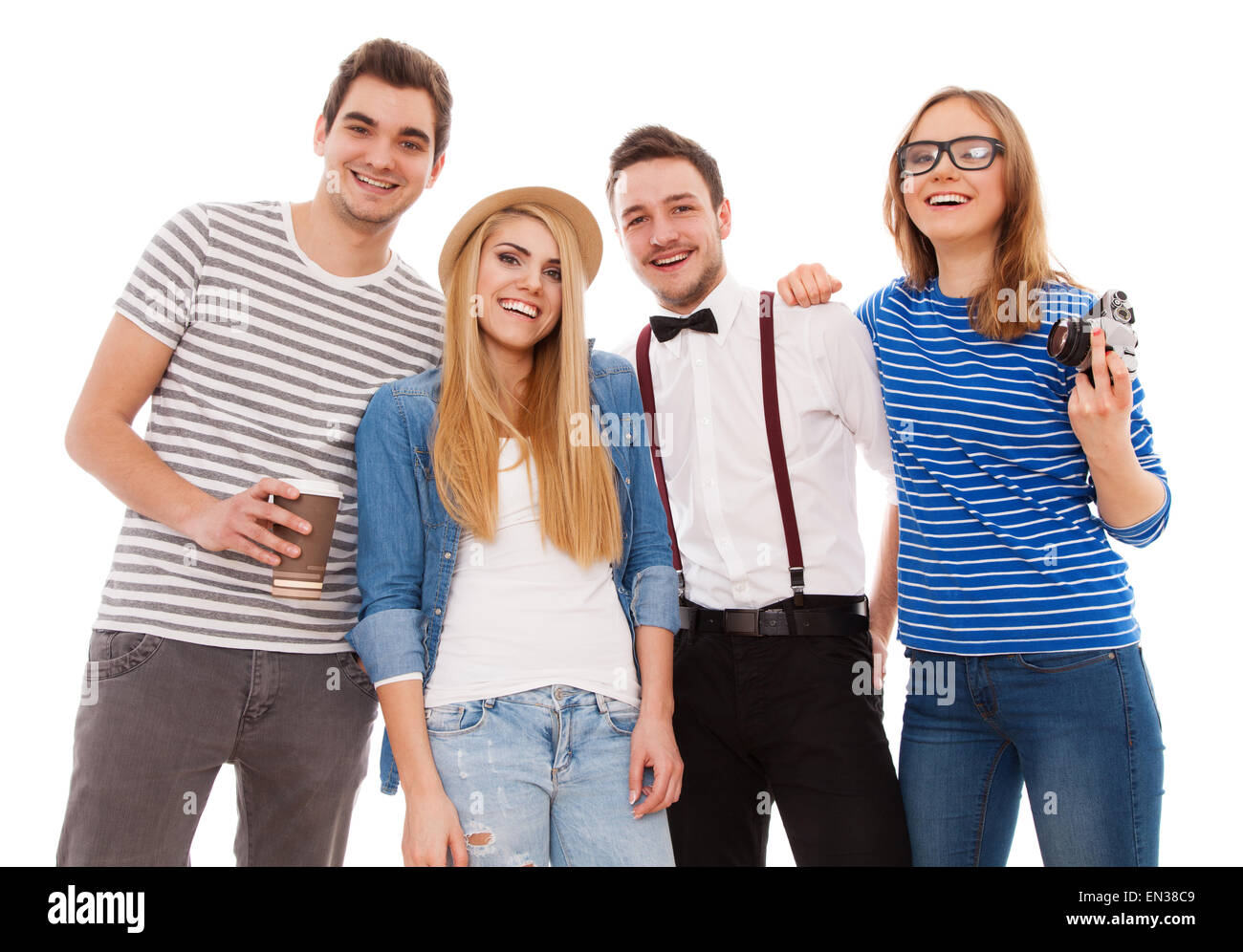 Vier stilvolle junge Menschen auf weißem Hintergrund Stockfoto