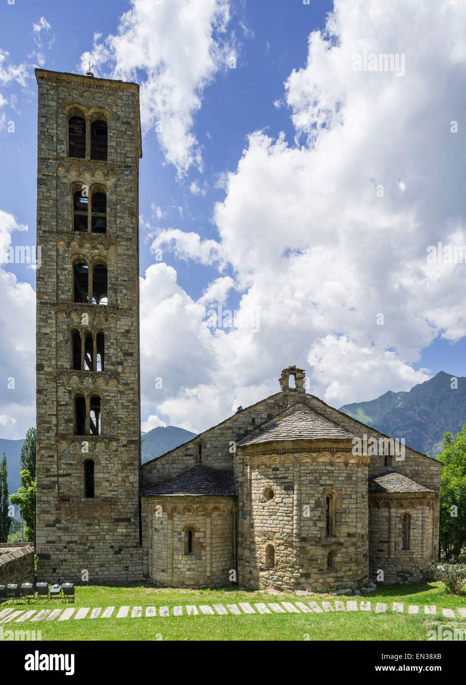 Romanische Kirche von Sant Climent de Taüll, Unesco World Heritage Site, Vall de Boí, Taüll, Katalonien, Spanien Stockfoto