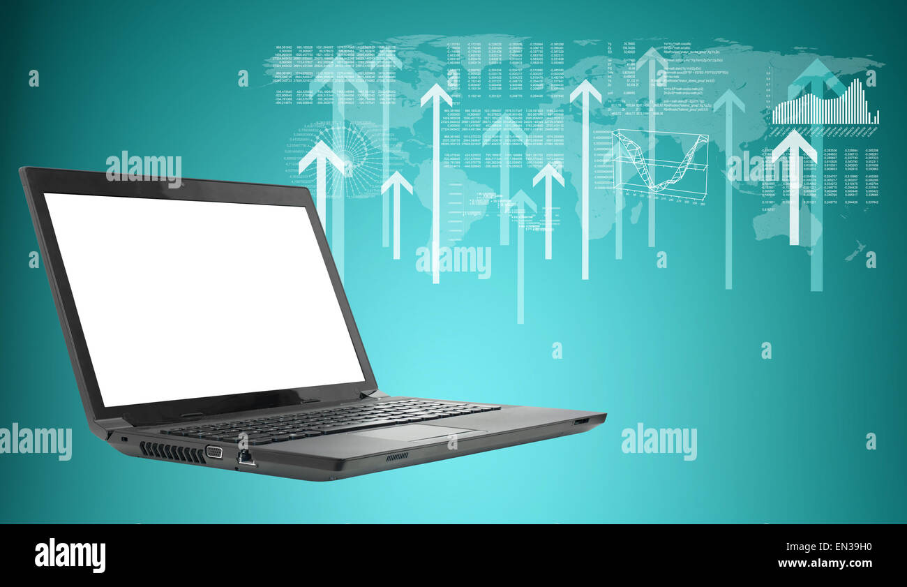 Laptop auf abstrakten Hintergrund mit Karte Stockfoto