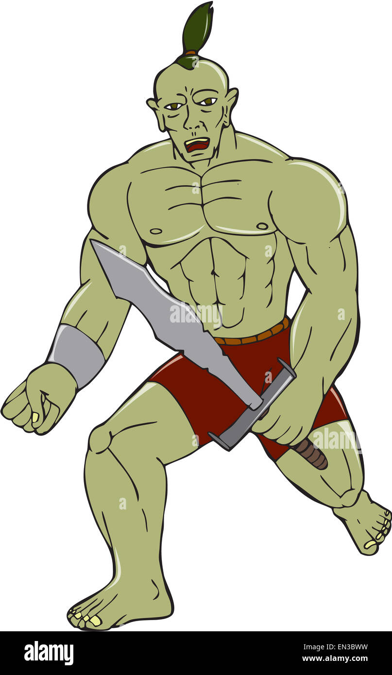 Cartoon-Stil Abbildung eines Orc-Krieger mit einem Schwert auf isolierte Hintergrund von vorne gesehenen ausgeführt. Stockfoto