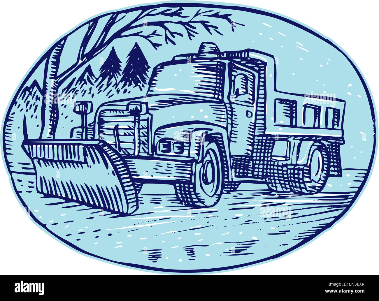 Ätzung, Gravur handgemachten Stil Abbildung eines Schneepflug LKW innerhalb Oval mit Pinien im Hintergrund eingestellt. Stockfoto