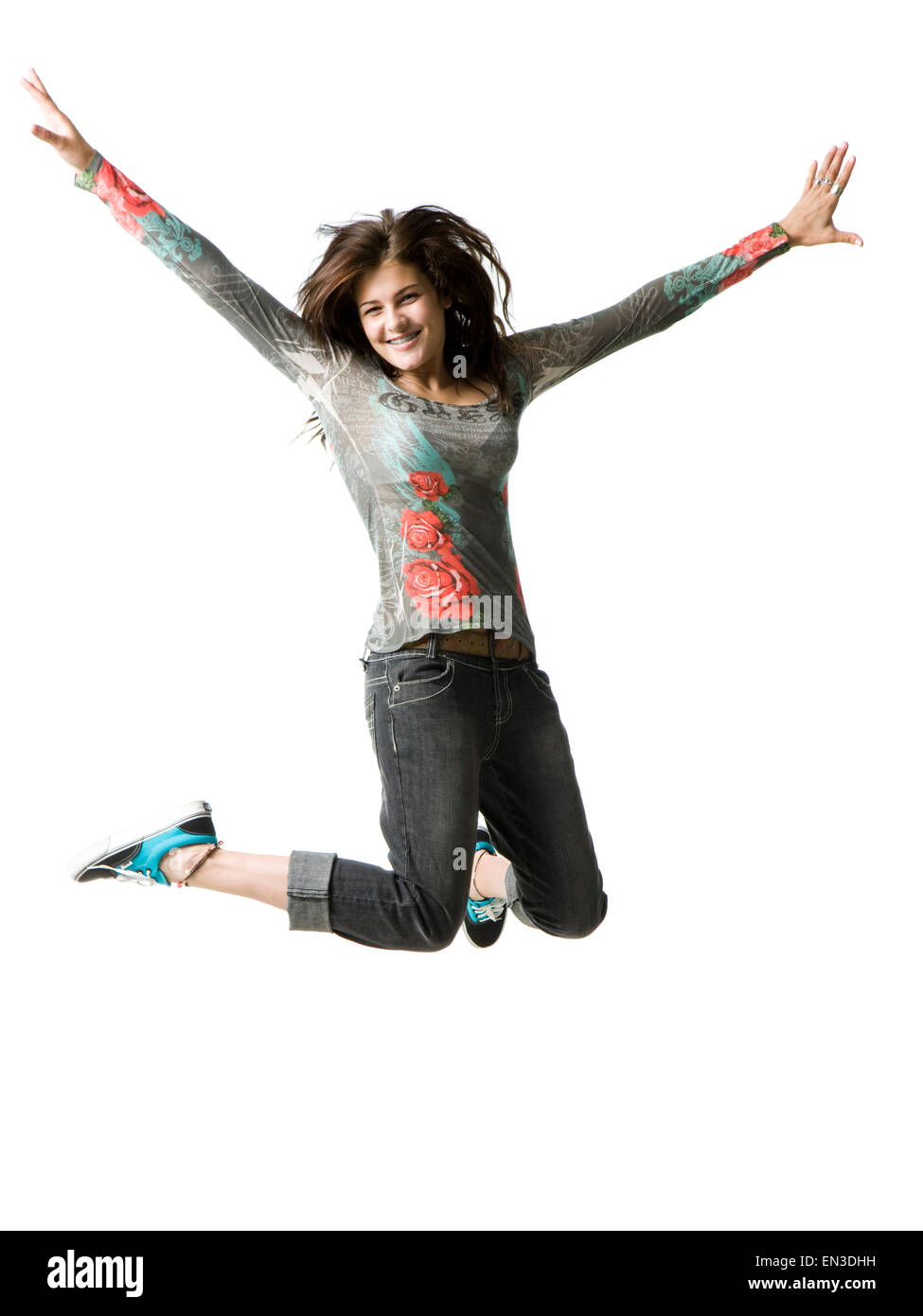 Studioportrait von Teenager-Mädchen (16-17) springen, Lächeln Stockfoto