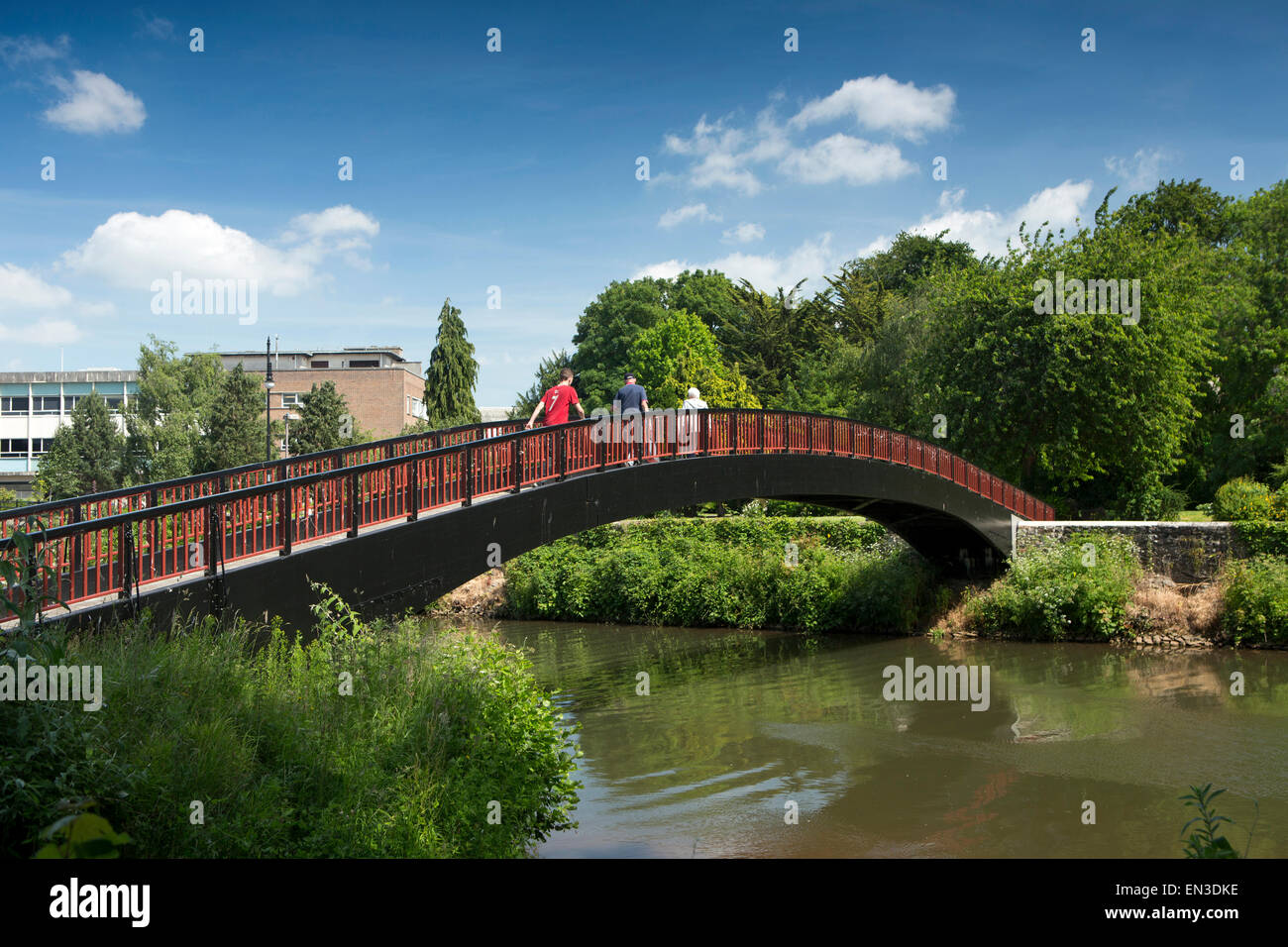 Großbritannien, England, Somerset, Taunton, Fußgängerbrücke über den Fluss Ton Goodland Gardens Stockfoto