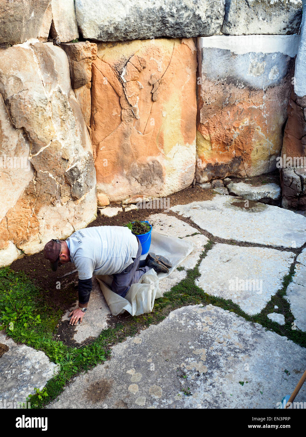 Mann arbeitet der archäologische Komplex von Tarxien Tempel - Malta Stockfoto