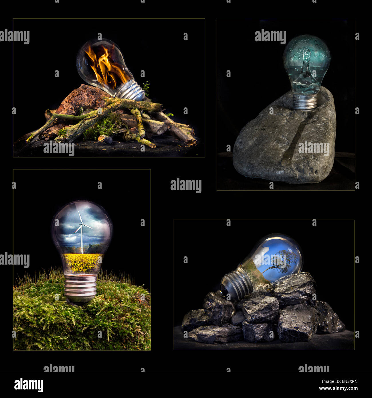 Eine kreative Interpretation der Elemente, Feuer, Wasser, Wind, Erde, vertreten durch eine Glühbirne mit der Energiequelle im Inneren. Stockfoto