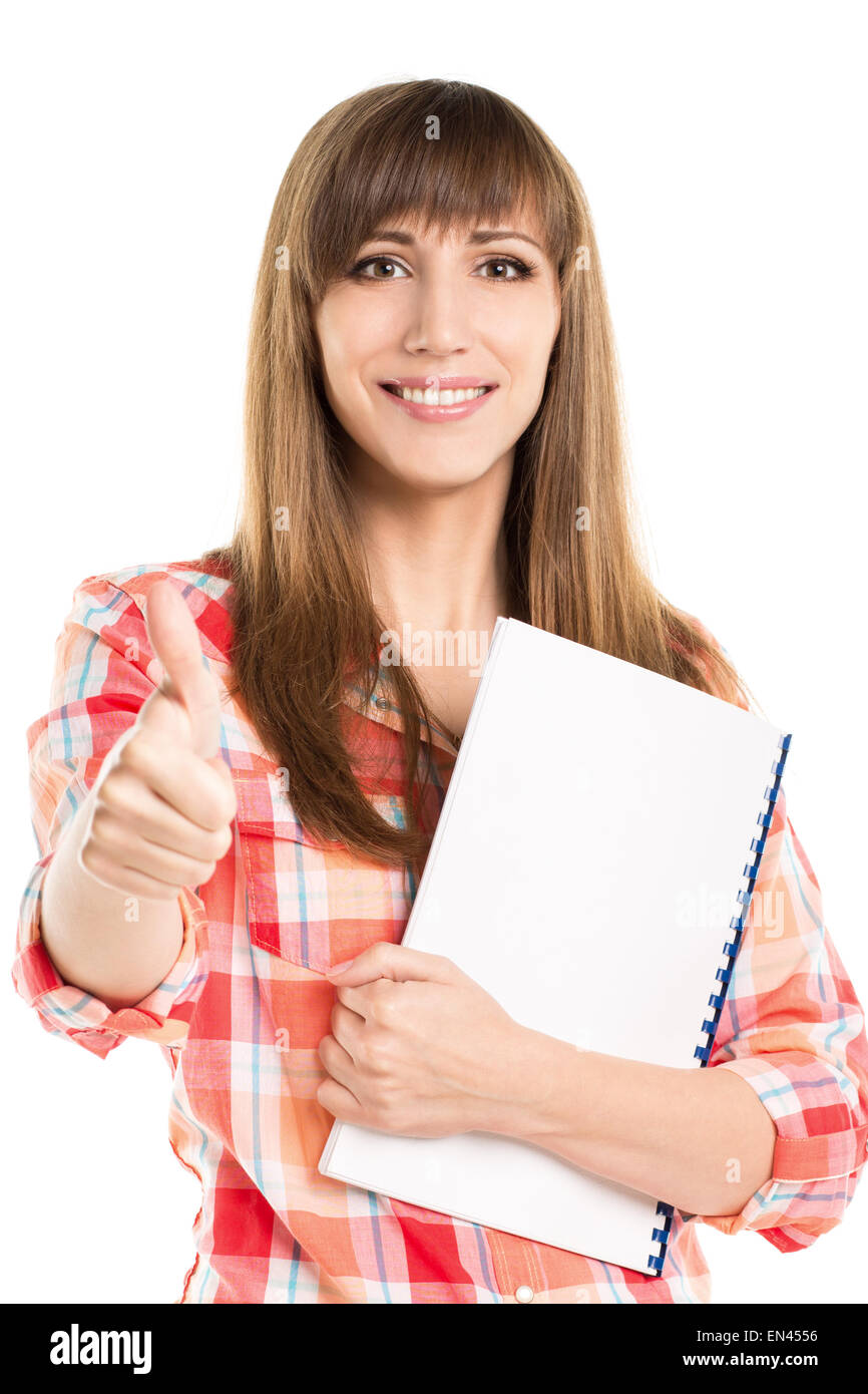 Junge schöne Frau mit leeren Notebook Daumen auftauchen. Studentin, die isoliert auf weißem Hintergrund Stockfoto