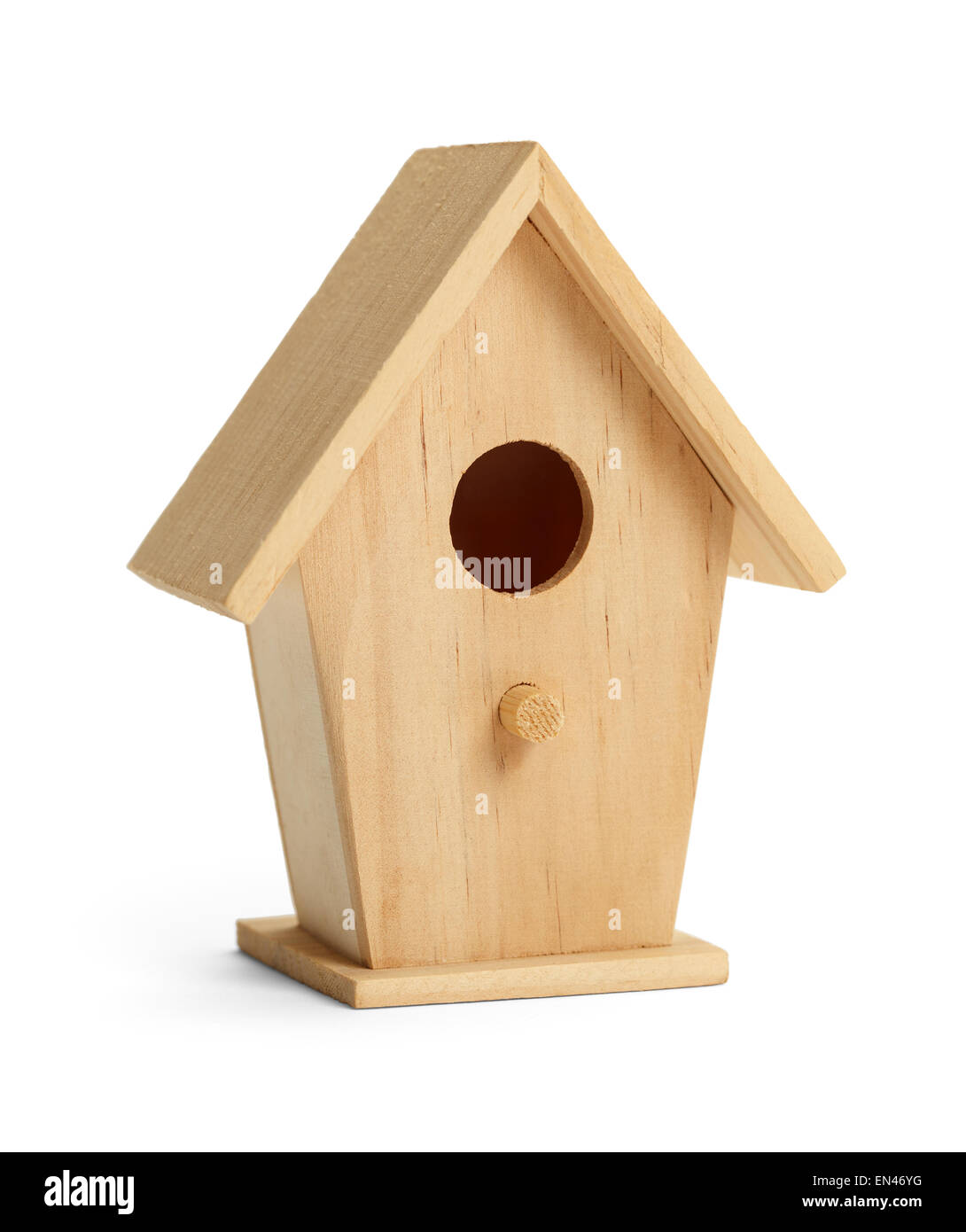 Einfache hölzerne Vogel Haus mit Zander auf weißem Hintergrund. Stockfoto
