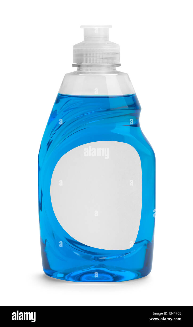 Kleine Flasche blau Flüssiggeschirrspülmittel, Isolated on White Background. Stockfoto