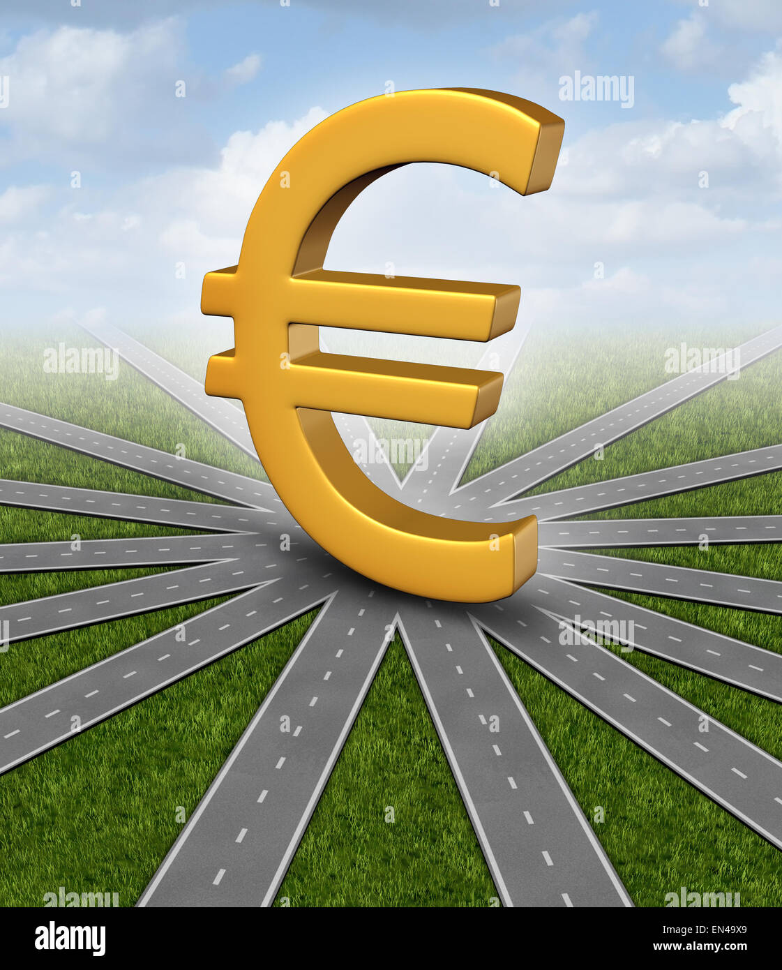 Euro Richtung Währung Konzept und Finanzprognose Symbol als europäisches Geld-Symbol in der Mitte des radialen konvergierende Wege Stockfoto