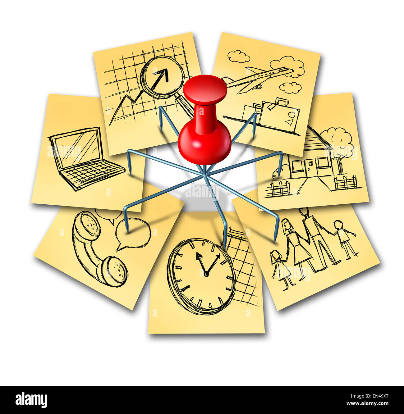 Multitasking-Konzept und Mehrzweck führen Symbol Symbol als eine Gruppe von Büro-Noten mit unterschiedlichen Aufgaben wie Familie und Beruf Verpflichtungen durch eine mehrgleisige Daumen Tack Pin verbunden. Stockfoto
