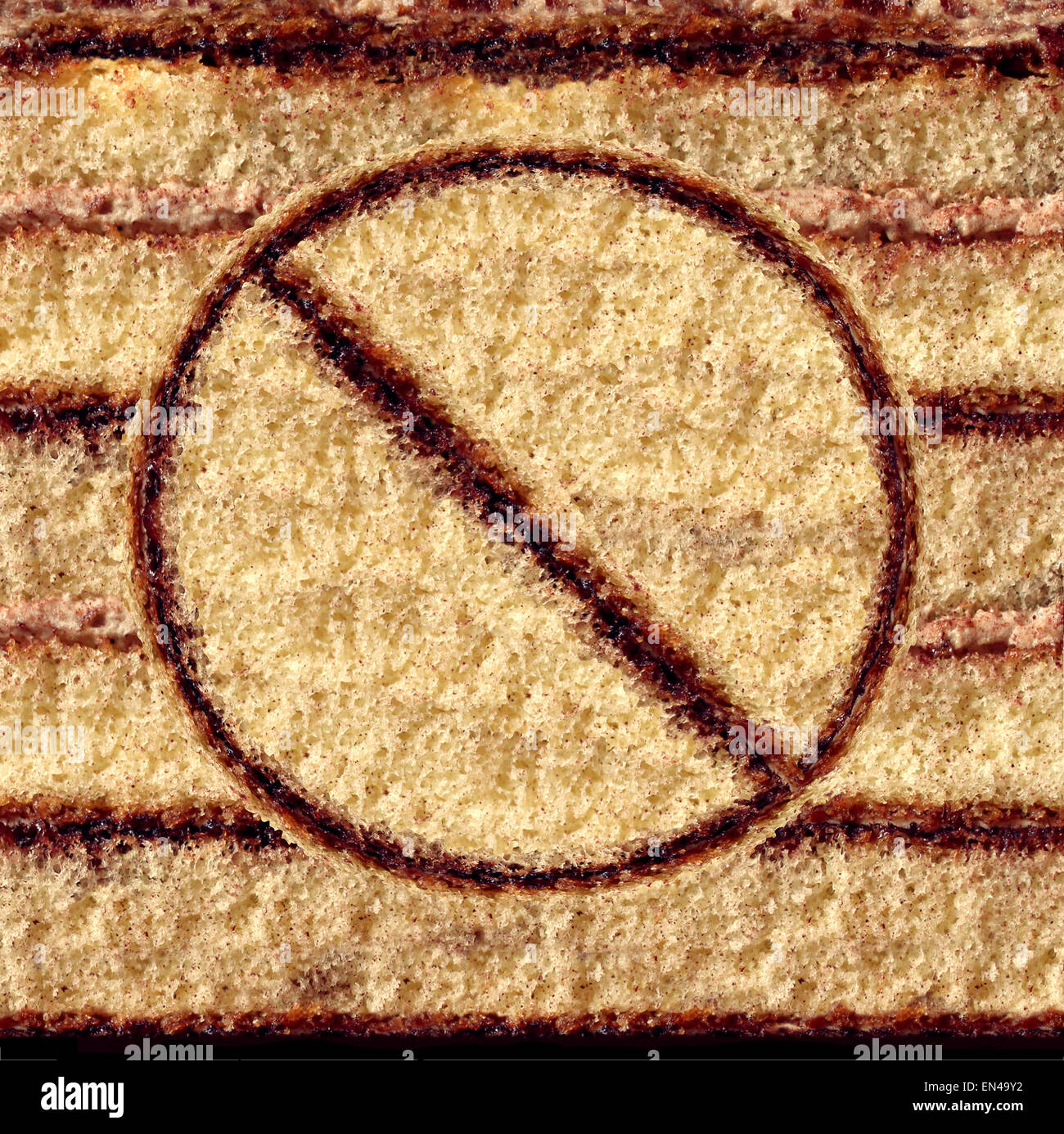Kein Kuchen-Symbol als essen Süßigkeiten Konzept der Selbstkontrolle und Begierde Zurückhaltung für eine gesunde Ernährung Lebensstil durch die Vermeidung von Zucker Stockfoto