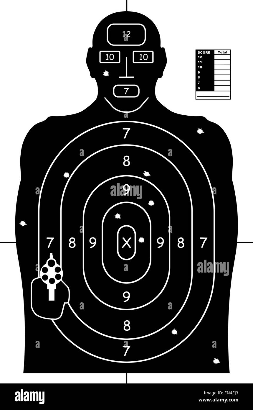 Schwarz / weiß Pistole schießen Ziel Praxis Papier mit Einschusslöchern und Score. Stockfoto