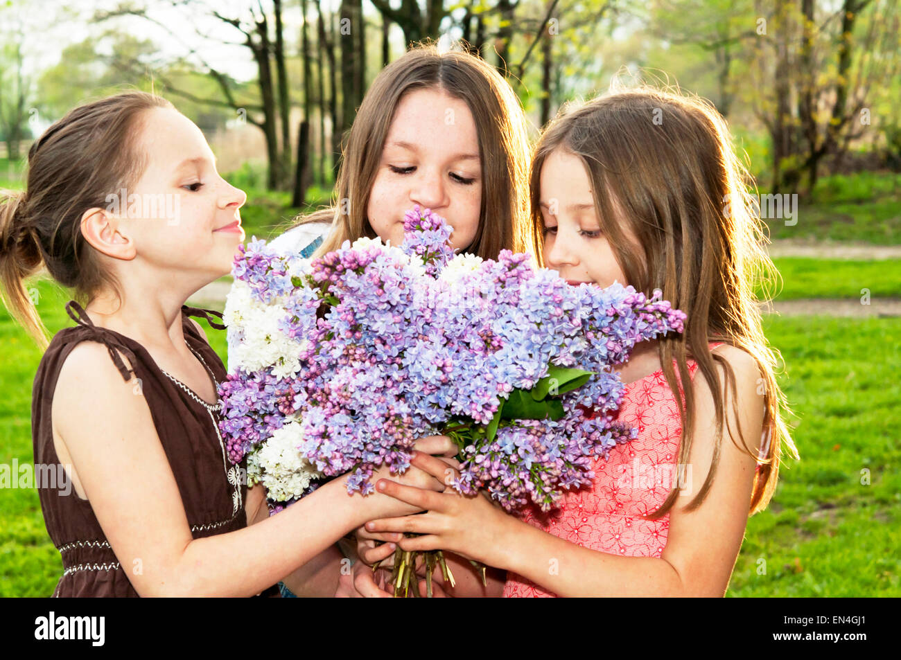 Drei Mädchen riechen lila Blumenstrauß zusammen Stockfoto