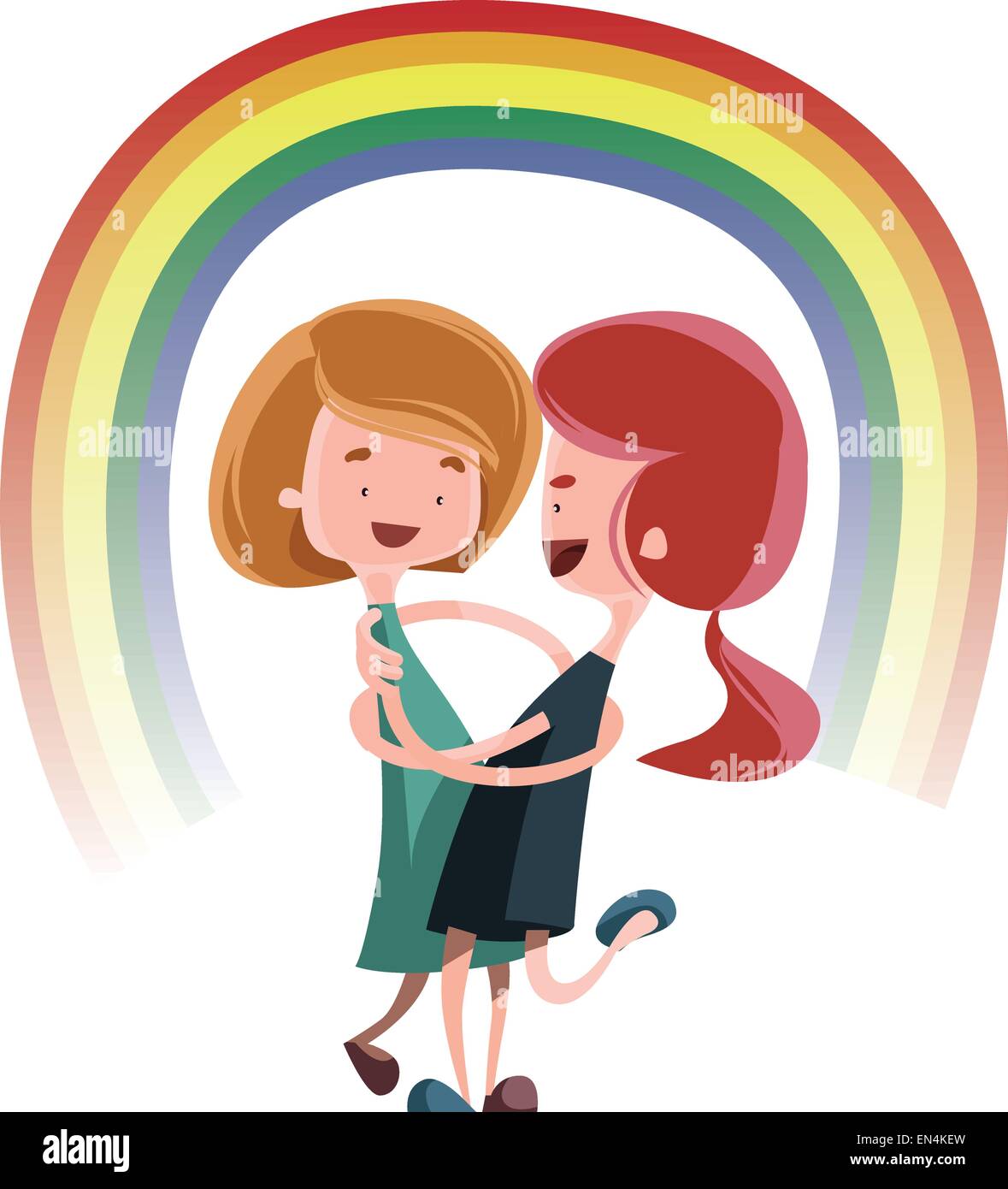 Freundschaft unter Regenbogen Vektor-Illustration-Cartoon-Figur umarmen Stock Vektor