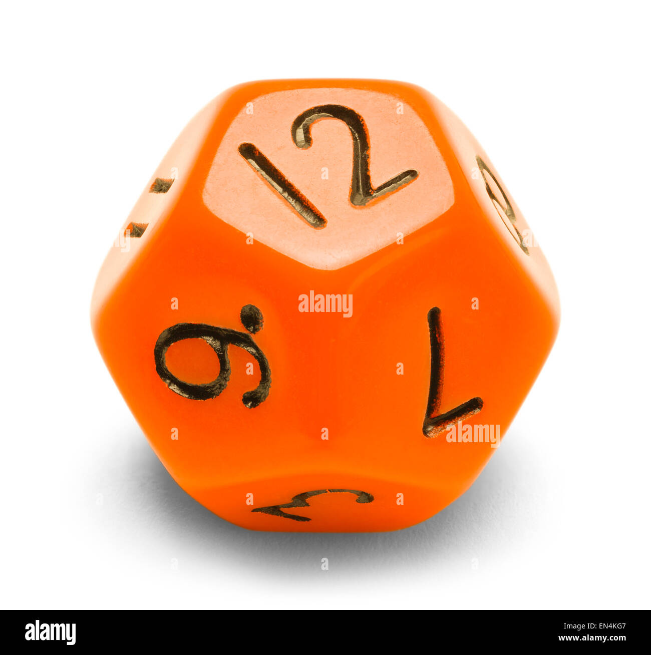 Orange polyedrischen Spieler Würfeln isoliert auf einem weißen Hintergrund. Stockfoto