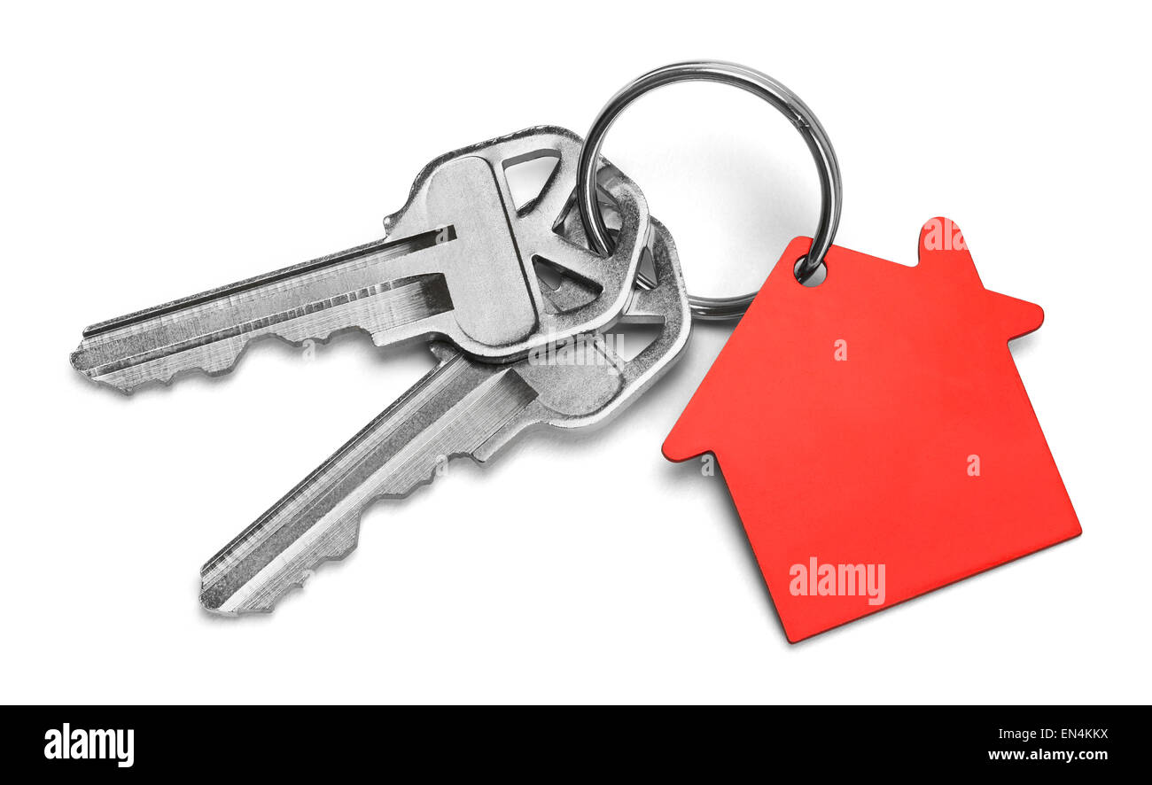 Satz von Schlüsseln mit roten Haus, Isolated on White Background. Stockfoto