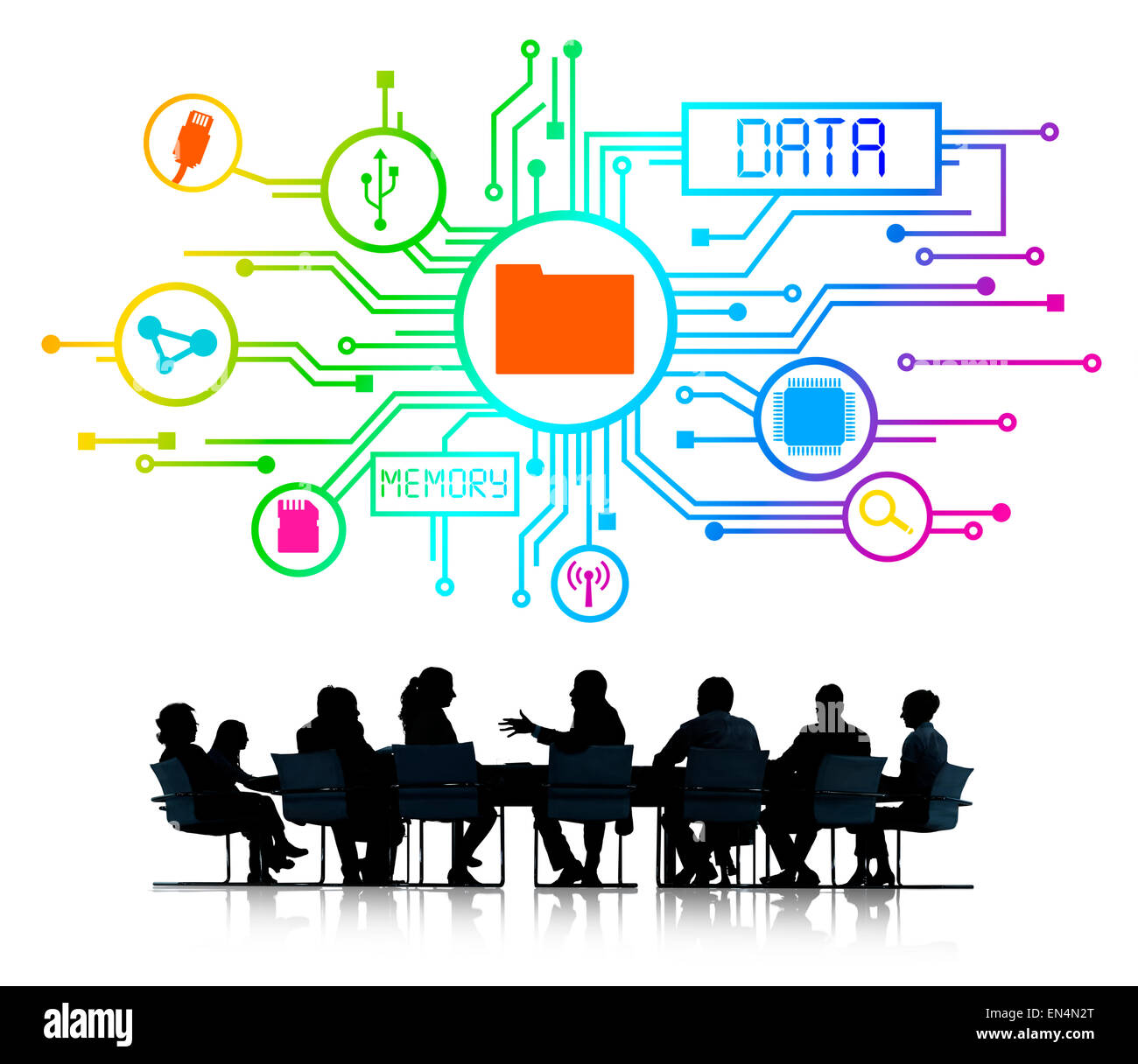 Silhouetten der Geschäftsleute und Datenkonzept Stockfoto