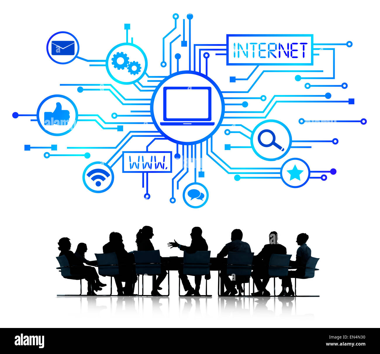 Silhouetten von Geschäftsleuten und Internet-Konzepte Stockfoto