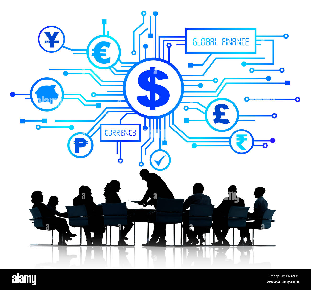 Geschäftsleute in einer Besprechung und globale Finanzierung Symbole oben Stockfoto