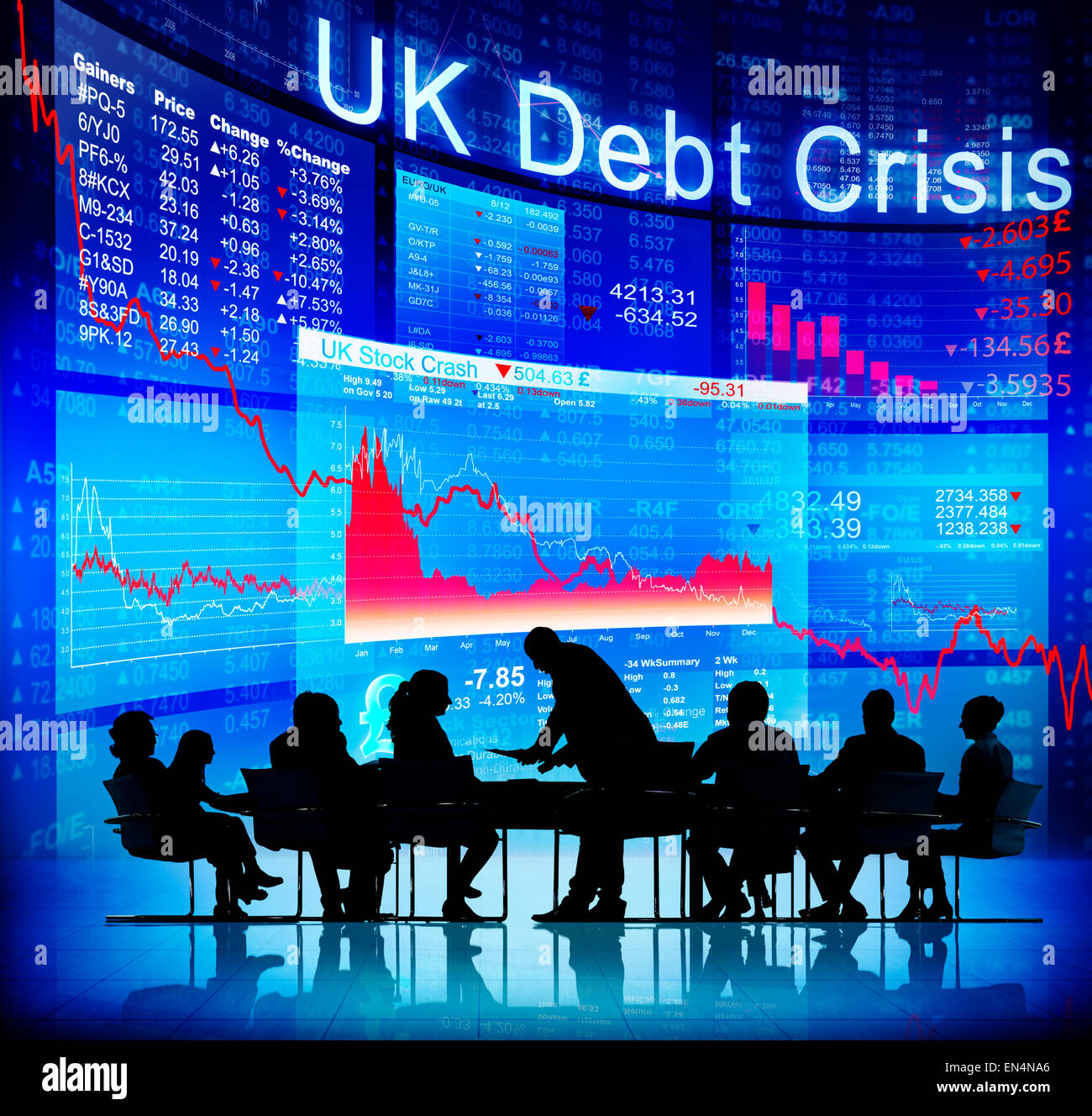 Silhouette von Geschäftsleuten und britische Schulden Krisenkonzept Stockfoto