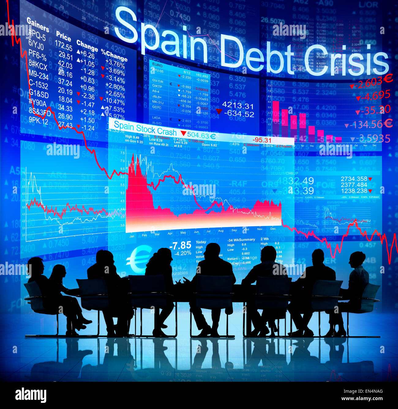 Silhouette von Geschäftsleuten und Spanien Schuldenkrise Stockfoto