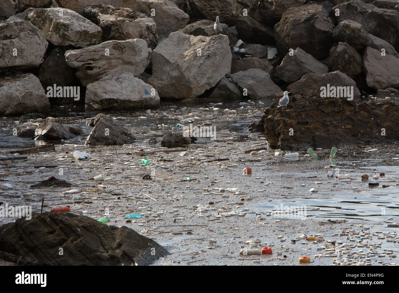 Plastikverschmutzung an der italienischen Küste in der Nähe von Naples Stockfoto