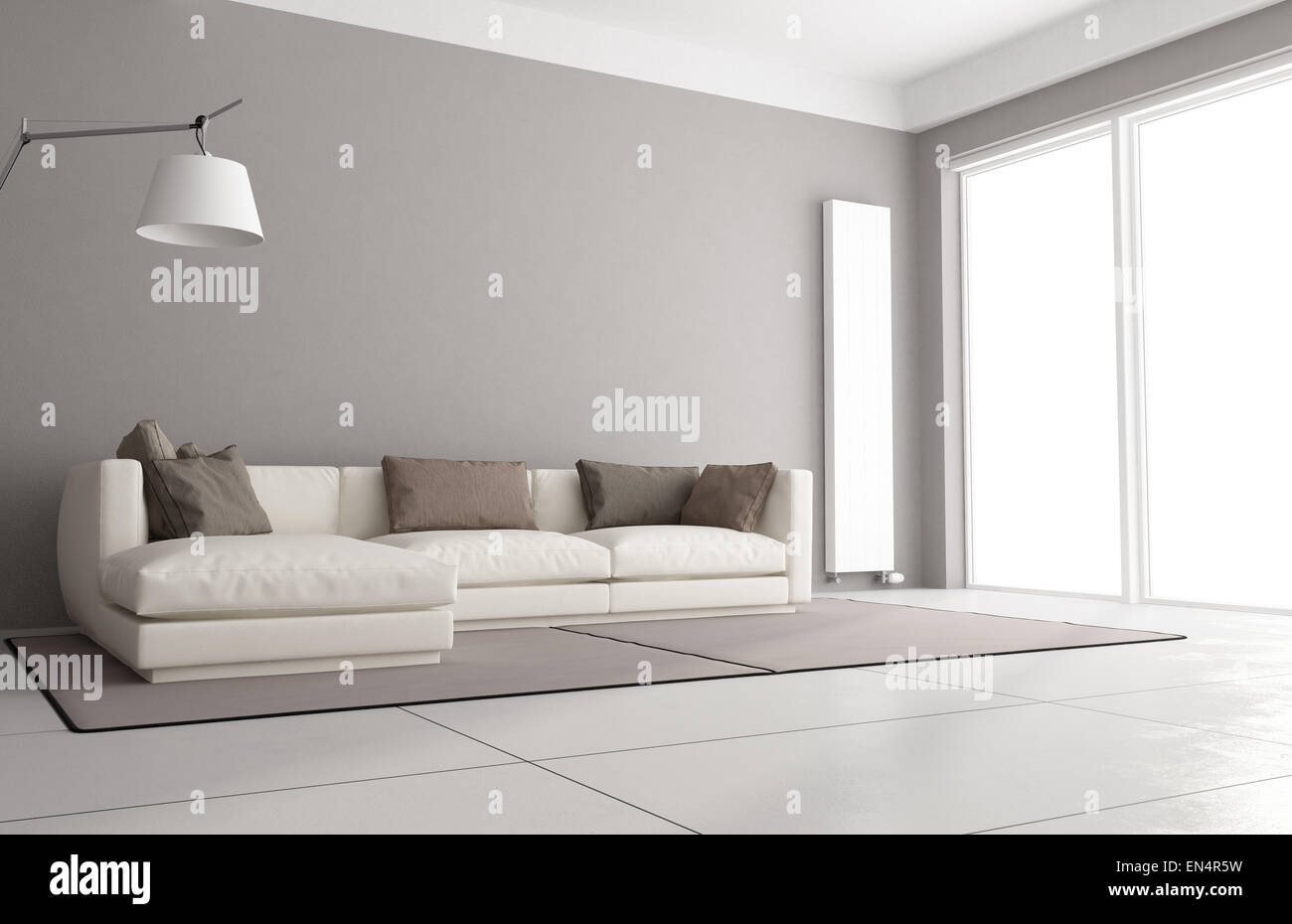 Minimalistischen Wohnzimmer mit eleganten Sofa, Stehlampe und große Fenster - 3D Rendering Stockfoto