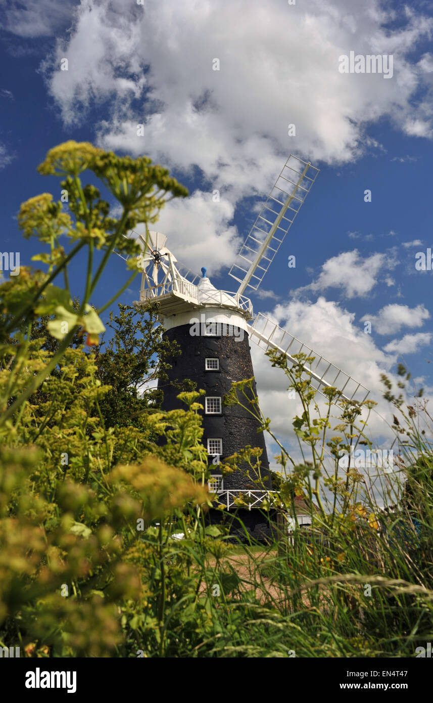 Windmühle in Burnham Overy Staithe an der North Norfolk-Küste. Jetzt als Ferienhaus genutzt. Stockfoto